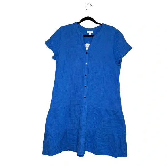 J. Jill Cyan Blue Slubbed Cotton Gauze Drop Waist Tiered Midi Dress New Casual - Picture 2 of 7